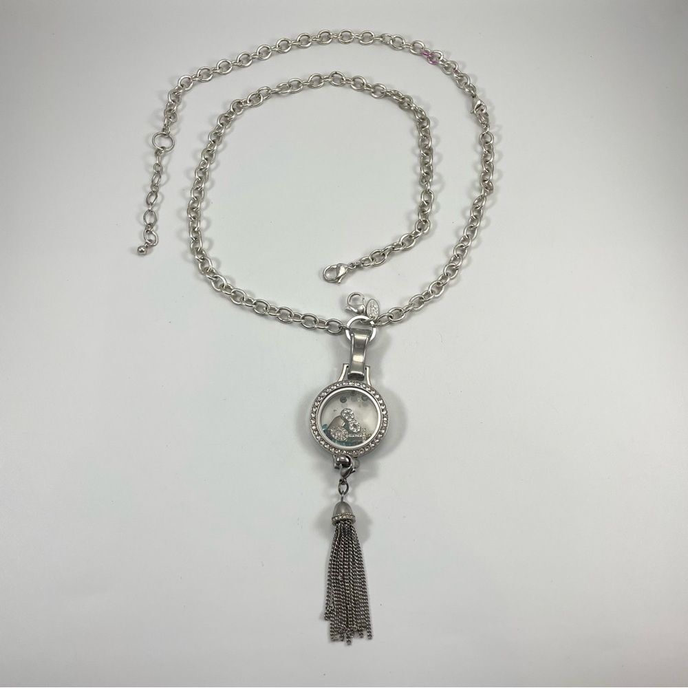 Origami Owl Silver Tone Double Chain Rhinestone Pendant Charm Holder Necklace